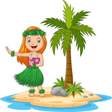 Hawaii 'li bir kızın tropikal adada hula dansının vektör çizimi