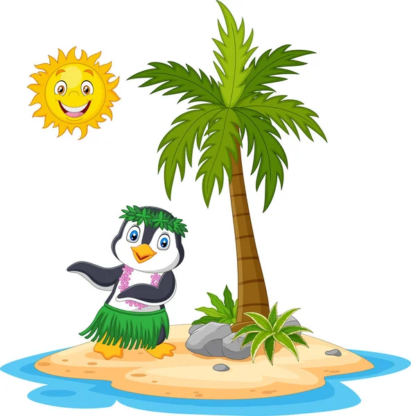 Illustration Vectorielle Pingouin Hula Cartoon Hawaii Sur Île Tropicale — Image vectorielle