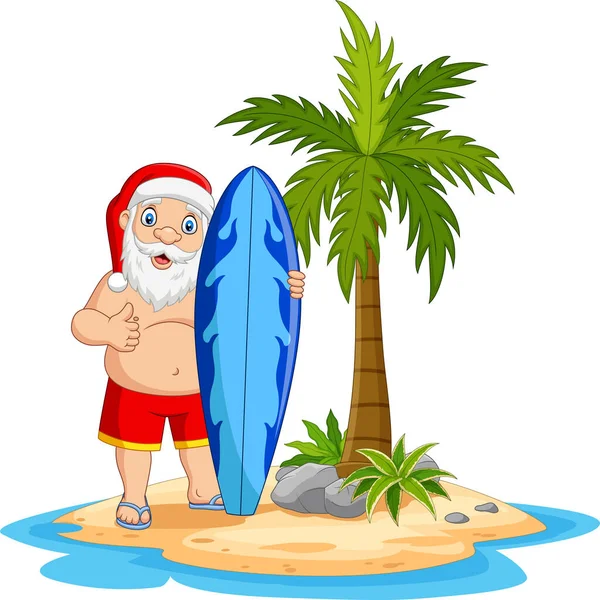 Wektorowa Ilustracja Świętego Mikołaja Kreskówki Trzymającego Deskę Surfingową Tropikalnej Wyspie — Wektor stockowy
