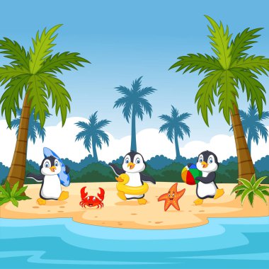 Tropikal bir adada yaşayan üç penguenin vektör çizimi