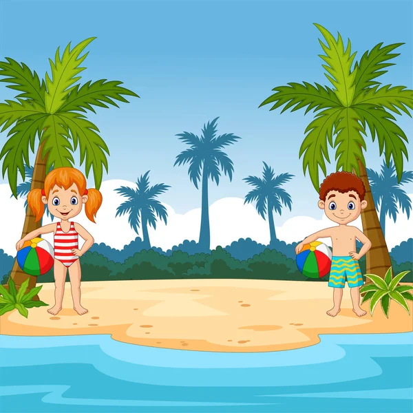 Ilustración Vectorial Niños Dibujos Animados Con Pelota Playa Una Isla — Archivo Imágenes Vectoriales