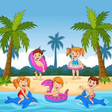 Tropikal adada oynayan mutlu çizgi film çocuklarının vektör çizimi