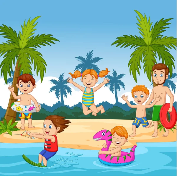 Illustrazione Vettoriale Famiglia Felice Cartone Animato Spiaggia — Vettoriale Stock