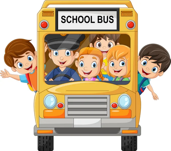 Vektor Ilustrasi Anak Anak Bahagia Bus Sekolah - Stok Vektor