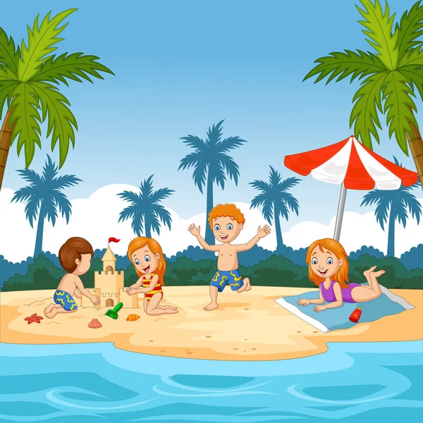 卡通片中快乐儿童在海滩玩耍的图解 — 图库矢量图片