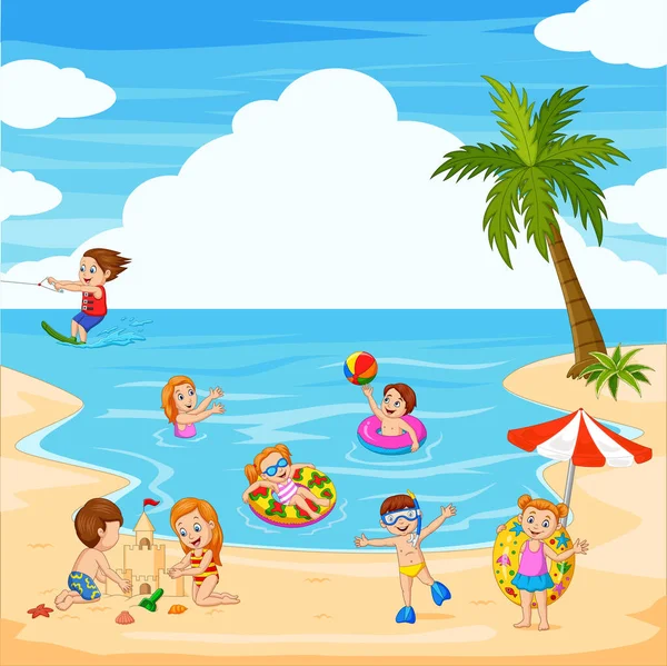 Ilustración Vectorial Dibujos Animados Niños Felices Jugando Playa — Archivo Imágenes Vectoriales