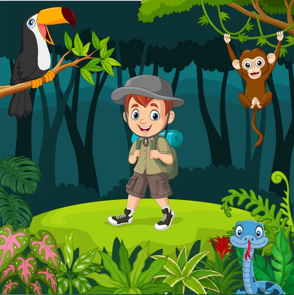 卡通探险家男孩和动物在丛林里的病媒图解 — 图库矢量图片