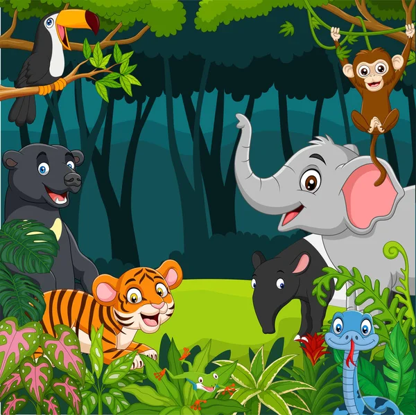 Vektor Illusztráció Rajzfilm Vadon Élő Állatok Dzsungelben — Stock Vector