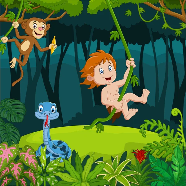 ジャングルの中の動物と漫画のターザンのベクトルイラスト — ストックベクタ