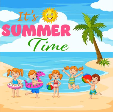 Sahilde oynayan mutlu çizgi film çocuklarının vektör çizimi