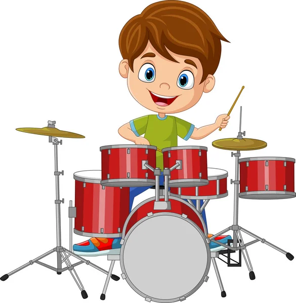 漫画のベクトルイラスト小さな男の子がドラムを演奏 — ストックベクタ
