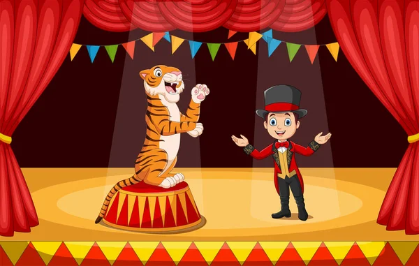Vektor Illusztráció Rajzfilm Cirkusz Szelídítő Tigris Színpadon — Stock Vector