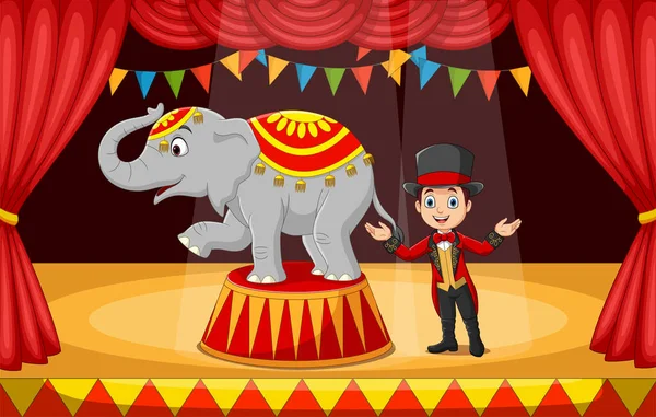 Ilustración Vectorial Del Domador Circo Dibujos Animados Con Elefante Escenario — Vector de stock