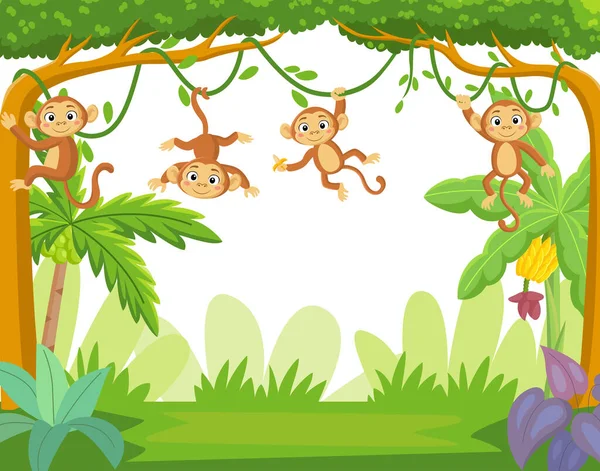 Vektorová Ilustrace Skupiny Malých Opic Zavěšených Větvi Stromu — Stockový vektor
