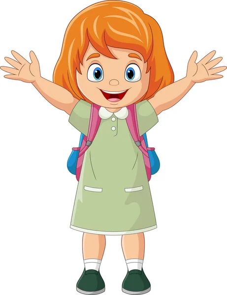 Vector Illustration Cartoon Happy School Girl Waving Hand — Stockový vektor