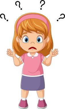 Kafasında soru işareti olan şaşırmış küçük kızın vektör çizimi