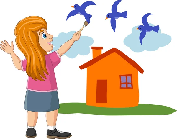 Vektor Ilustrasi Lucu Gadis Kecil Melukis Burung Awan Dan Rumah - Stok Vektor