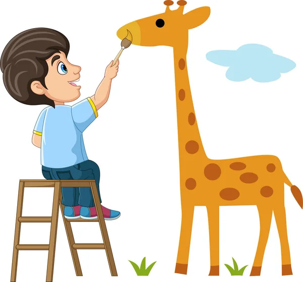 Vector Illustration Cute Little Boy Drawing Giraffe Wall — Stock Vector