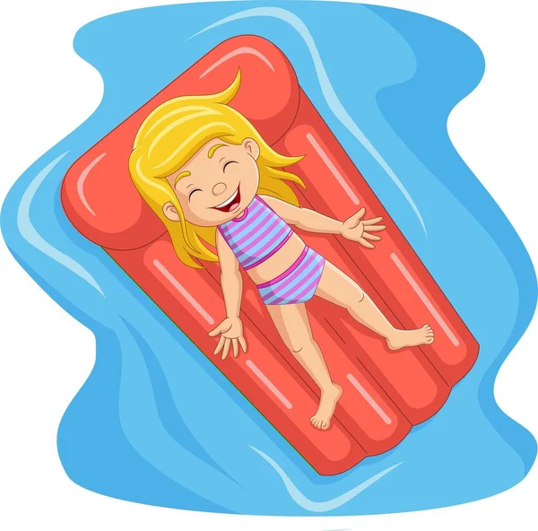 Vector Illustration Cartoon Little Girl Floats Inflatable Mattress — Stock Vector