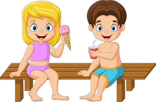 Ilustración Vectorial Niña Niño Comiendo Helado Bebida Soda — Vector de stock