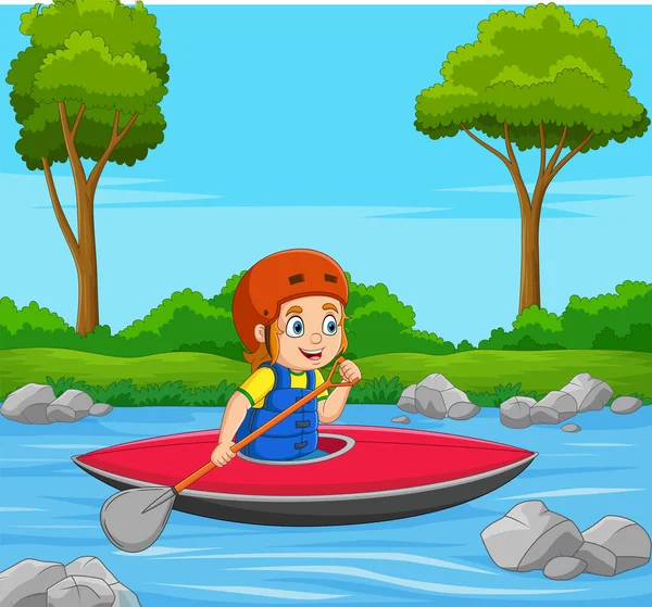 Vector Illustration Cartoon Little Boy Rowing Boat — Stock Vector