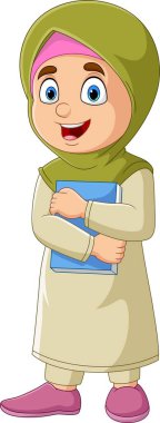 Karikatür Müslüman bir kızın elinde bir kitap tutarken ki vektör çizimi