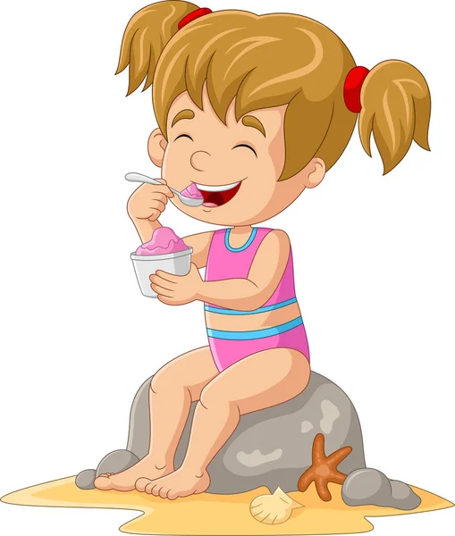 Vector Illustration Cartoon Little Girl Sit Eat Ice Cream — Archivo Imágenes Vectoriales