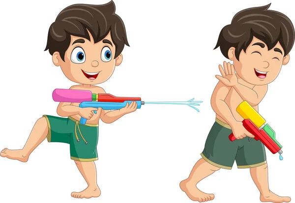 Illustrazione Vettoriale Due Simpatici Bambini Cartone Animato Giocare Pistola Acqua — Vettoriale Stock