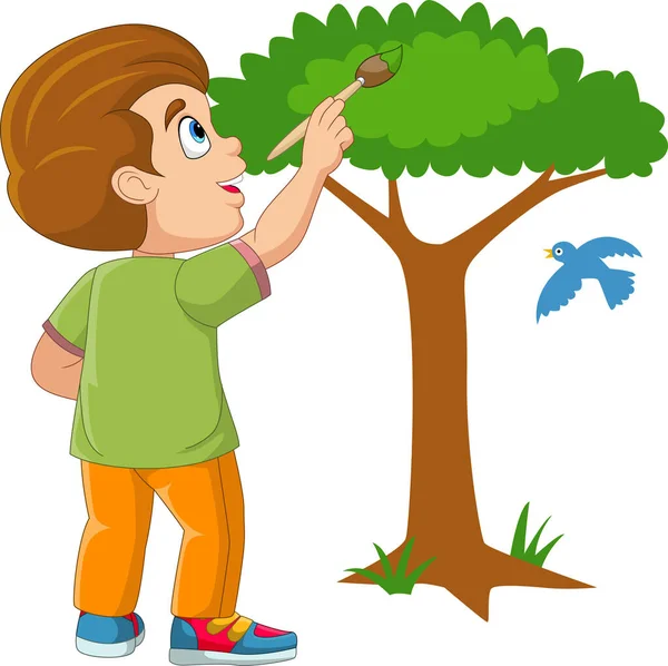 Vector Illustration Cute Little Boy Painting Tree Wall — ストックベクタ