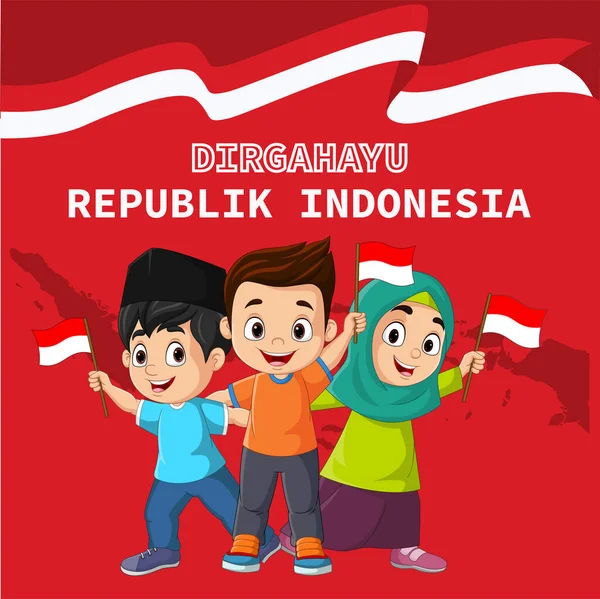 Vector Illustration Group Children Holding Indonesian Flag — ストックベクタ