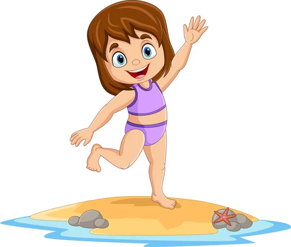 Vector Illustration Cartoon Happy Little Girl Swimsuit Beach — Vector de stock