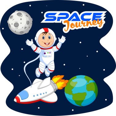 Vector illustration of Cartoon astronaut with rocket and planets clipart