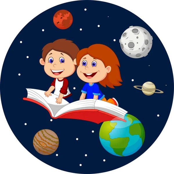 Ilustración Vectorial Dibujos Animados Niños Felices Volando Libro Espacio Exterior — Vector de stock