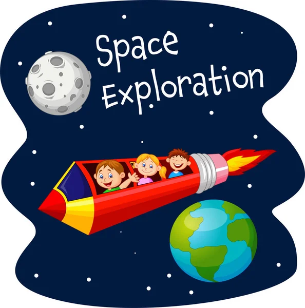 Vektor Illusztráció Rajzfilm Gyerekek Repülő Rakéta Ceruza Világűrben — Stock Vector