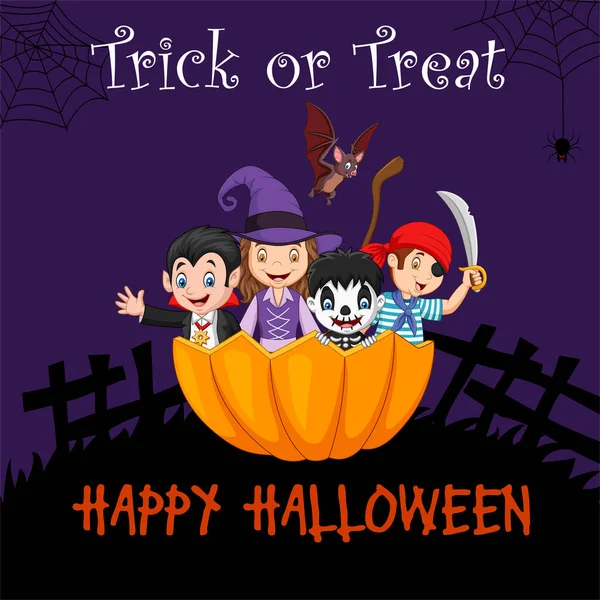 Ilustración Vectorial Del Grupo Niños Con Disfraz Halloween Sentados Una — Vector de stock