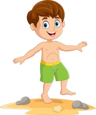 Karikatür 'ün vektör çizimi. Mayo giymiş, sahilde poz veren mutlu çocuk.