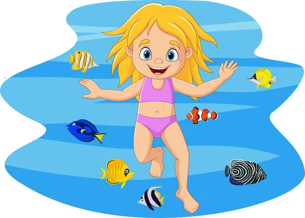 Vector Illustration Cartoon Little Girl Swimming Underwater Tropical Fish — Vector de stock