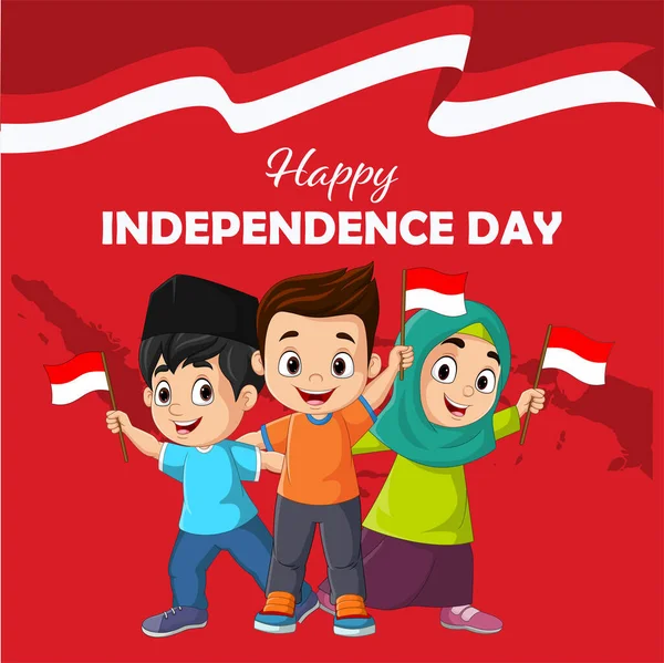 Vector Illustration Happy Independence Day Group Children Holding Indonesian Flags — Vector de stock