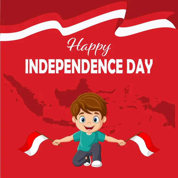 Vector Illustration Happy Independence Day Cute Little Boy Holding Indonesian — Vector de stock