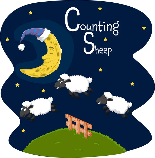 Vector Illustration Counting Sheeps Jumping Fence — Stock Vector