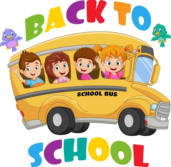 Vector Illustration Back School Happy Children Riding School Bus — ストックベクタ