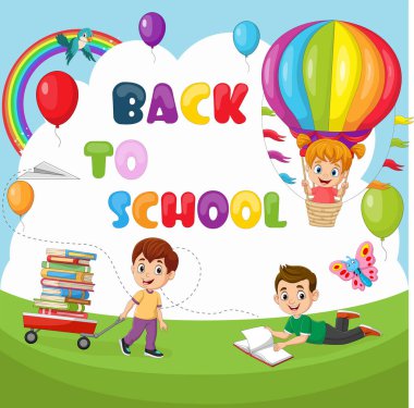 Vector illustration of Back to school. Happy children playing in grass field
