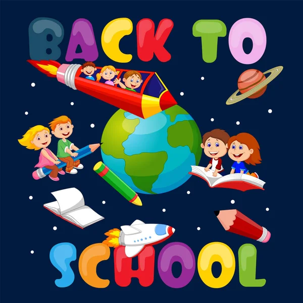 Vector Illustration Back School Happy Kids Flying Space Travel — Stockvector