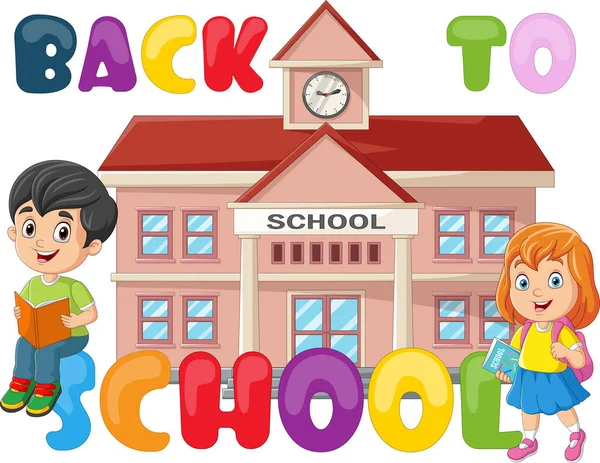 Vector Illustration Back School Happy Little Kids School Building — Stockvector
