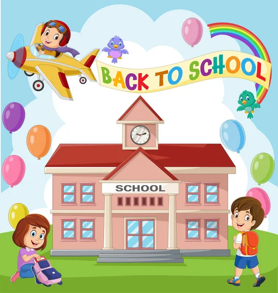 Vector Illustration Back School Happy Little Kids School Building — Stockvector