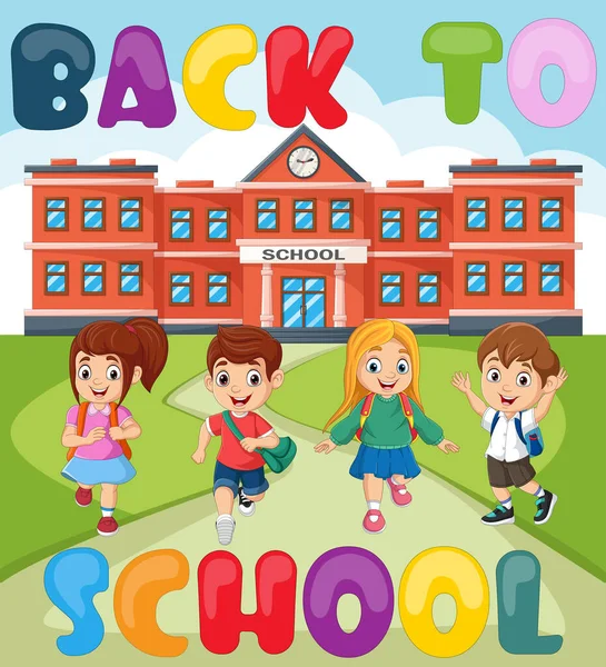 Illustrazione Vettoriale Ritorno Scuola Felice Scuola Bambini Edificio Scolastico Anteriore — Vettoriale Stock