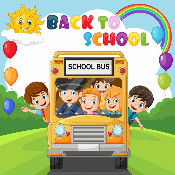 Ilustración Vectorial Volver Escuela Niños Felices Viajando Autobús Escolar — Archivo Imágenes Vectoriales