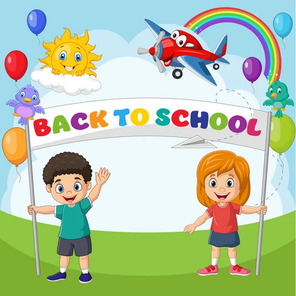 Vector Illustration Back School Happy Children Holding Banner — Stockvector