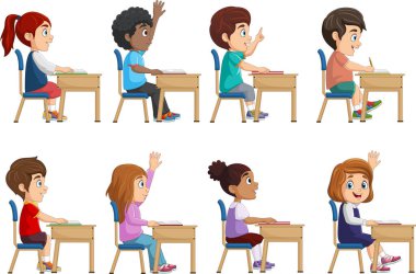 Vector illustration of Group of school children sitting at classroom desks