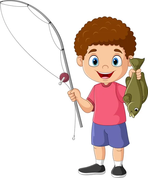 Векторна Ілюстрація Мультфільму Щасливий Маленький Хлопчик Риболовля — стоковий вектор